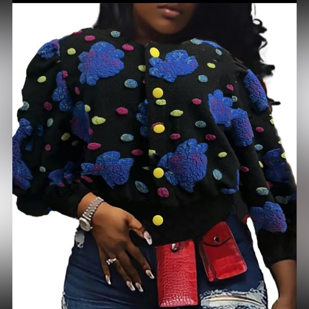 Fashion Nova 5X Teddy Jacket with Playful colorful abstract floral fuzzy Design